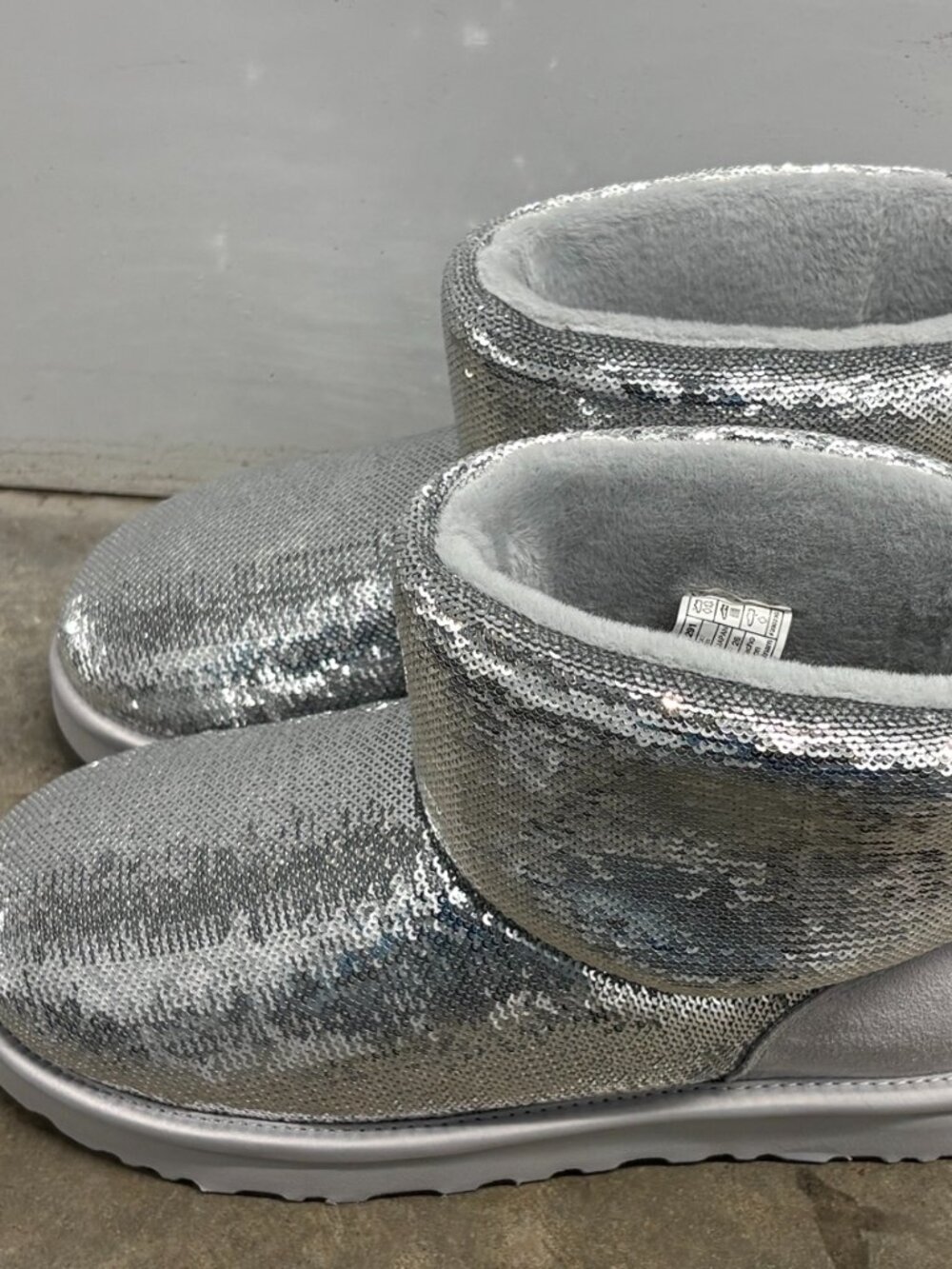 UGG Classic Mini Mirror Ball Silver Sequin Boots Size 9 - Picture 3 of 5